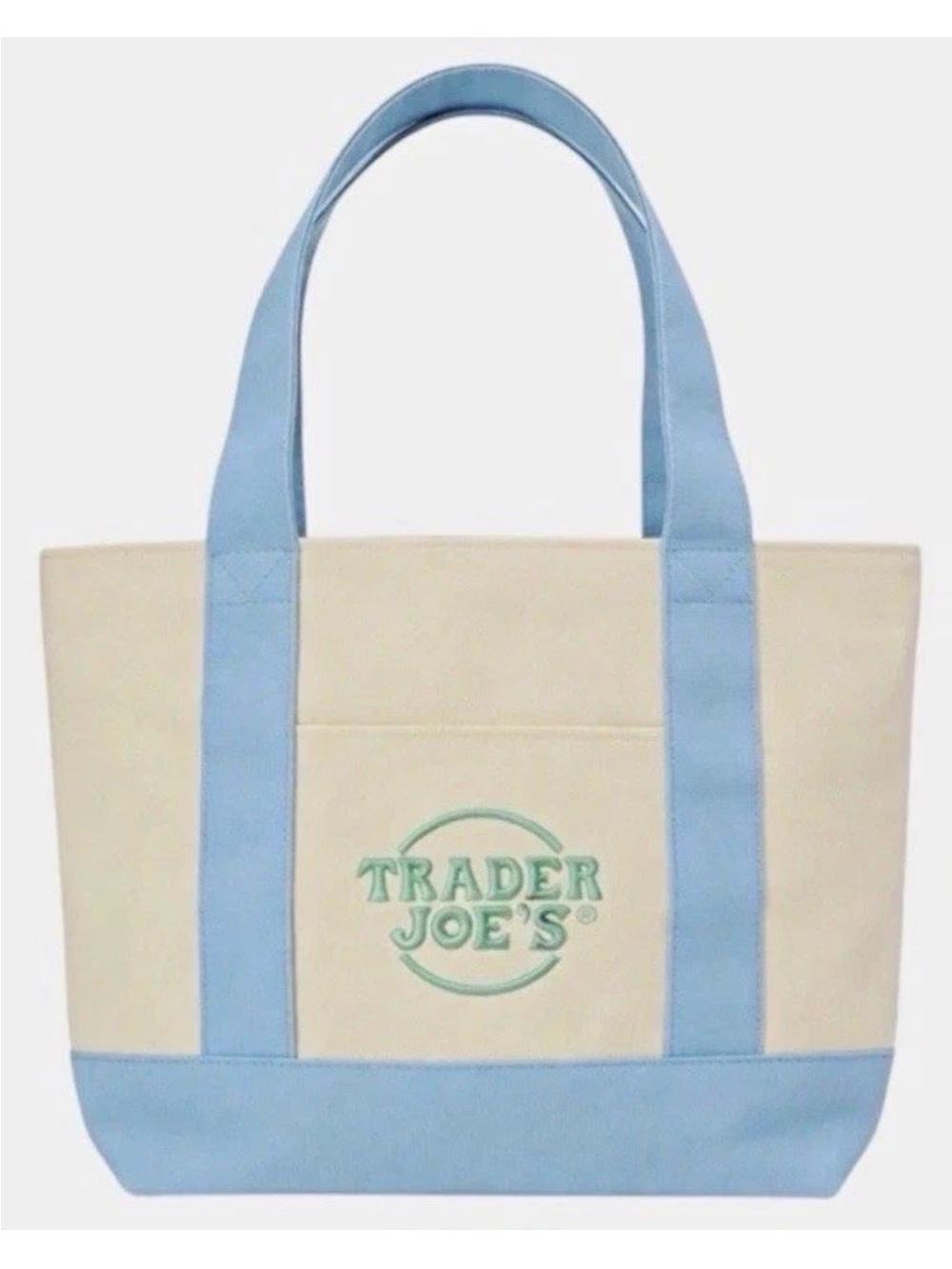 NWT, Trader Joe's Cream Canvas Tote with Light Blue Accents. Limited edition